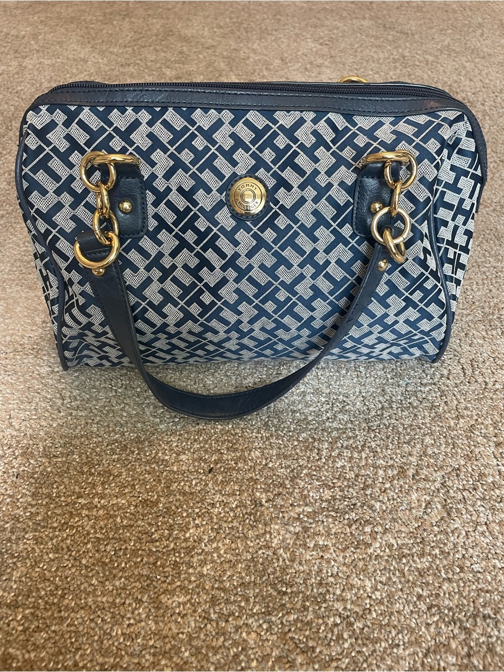 Tommy Hilfiger Navy Blue Monogram Pattern shoulder bag with gold hardware
